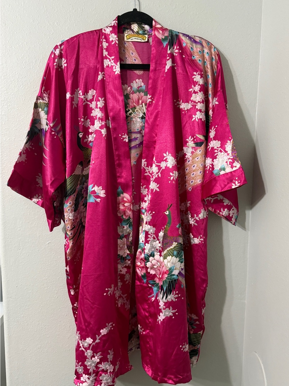 100% Silk Fuchsia Floral Kimono Jacket Embroidered ‘Bridesmaid’ on Back OS